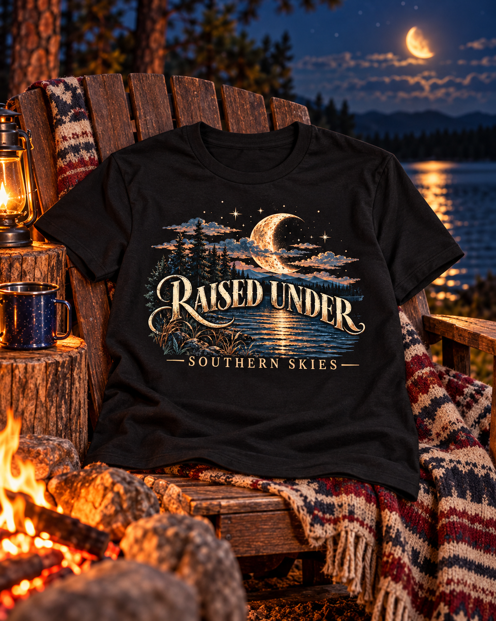 Raised Under Southern Skies — Gildan Softstyle 64000 — Black — Front Flat