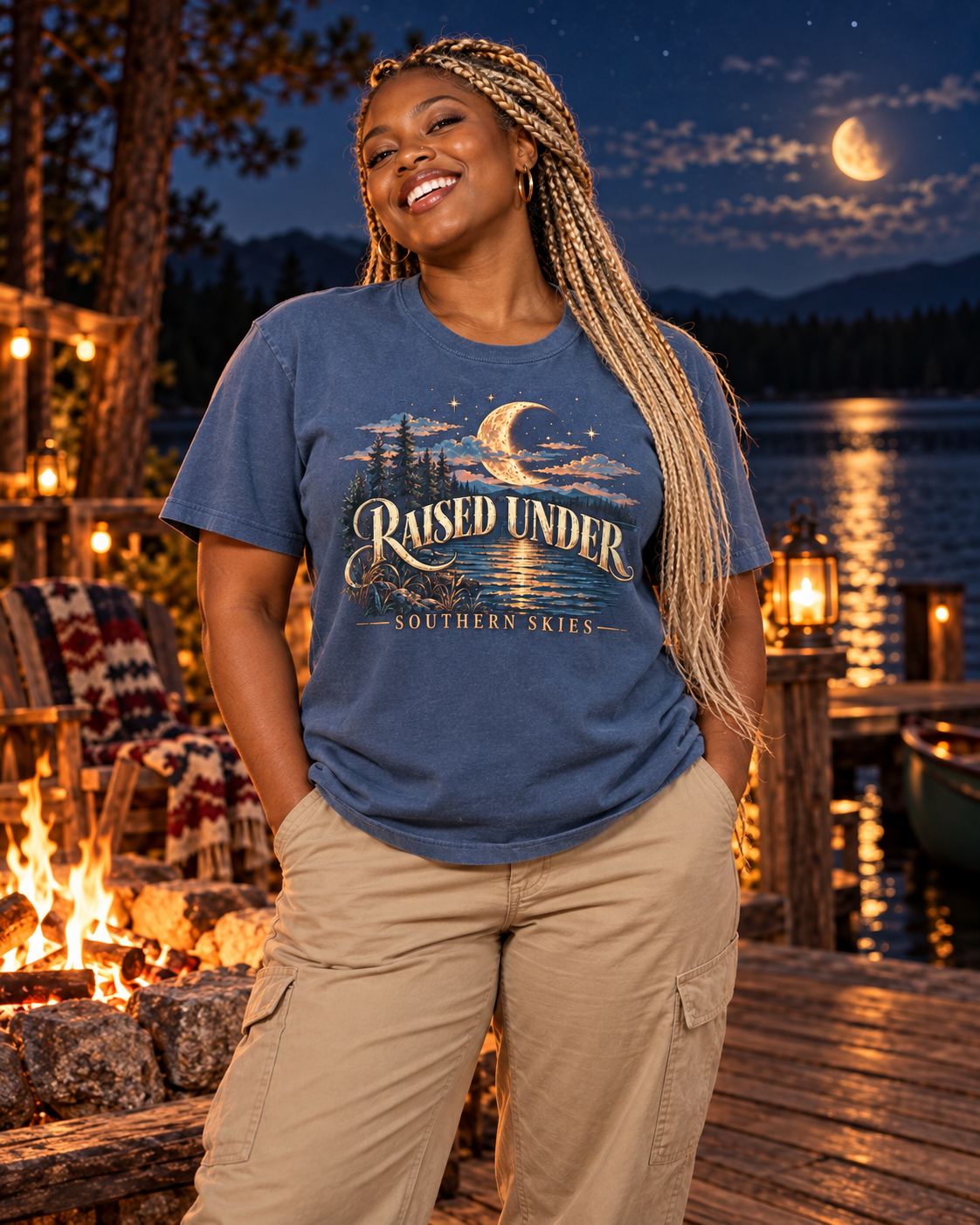 Raised Under Southern Skies — Comfort Colors 1717 — Blue Jean — Front Lifestyle