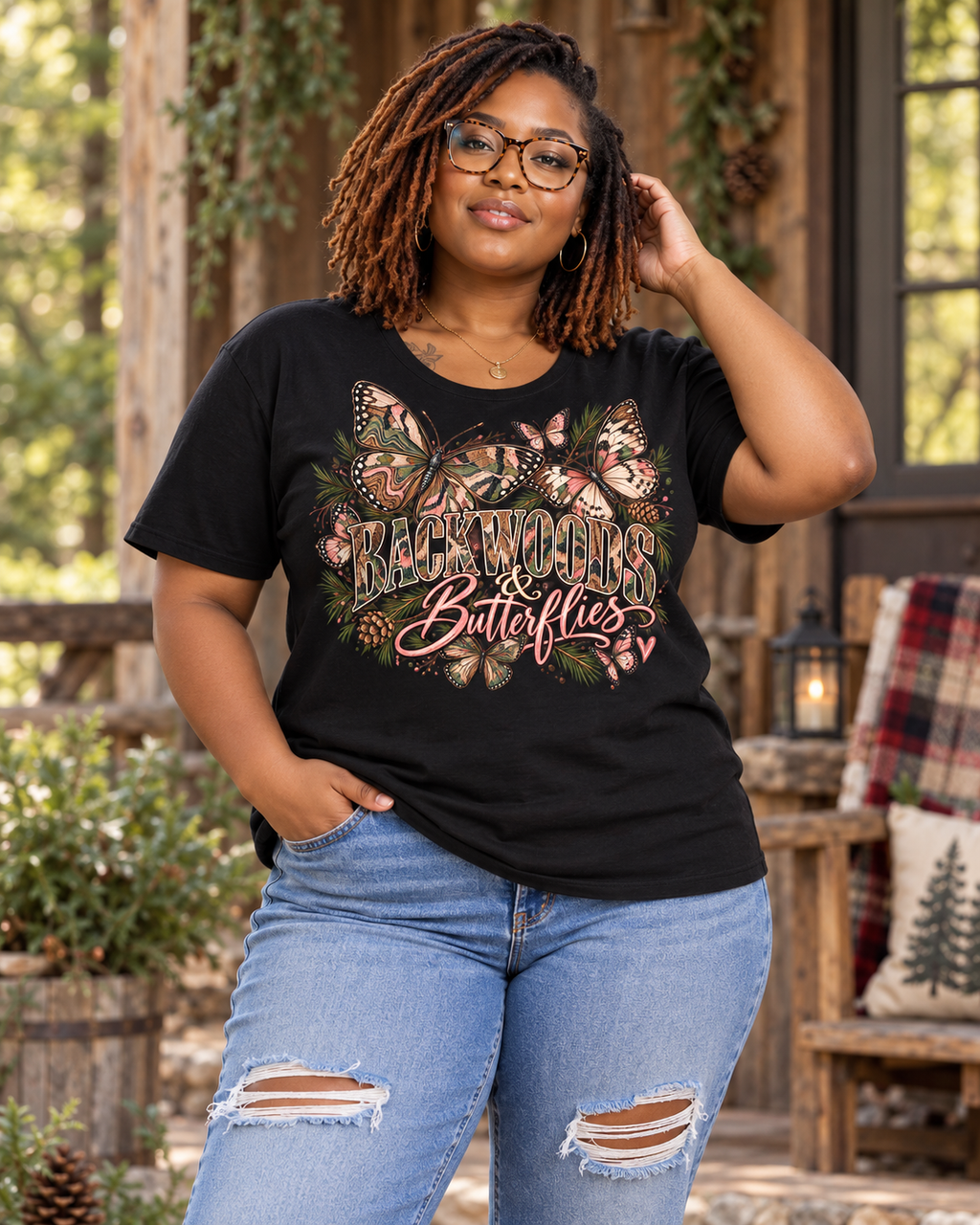 Backwoods & Butterflies — Gildan Softstyle 64000 — Black — front lifestyle