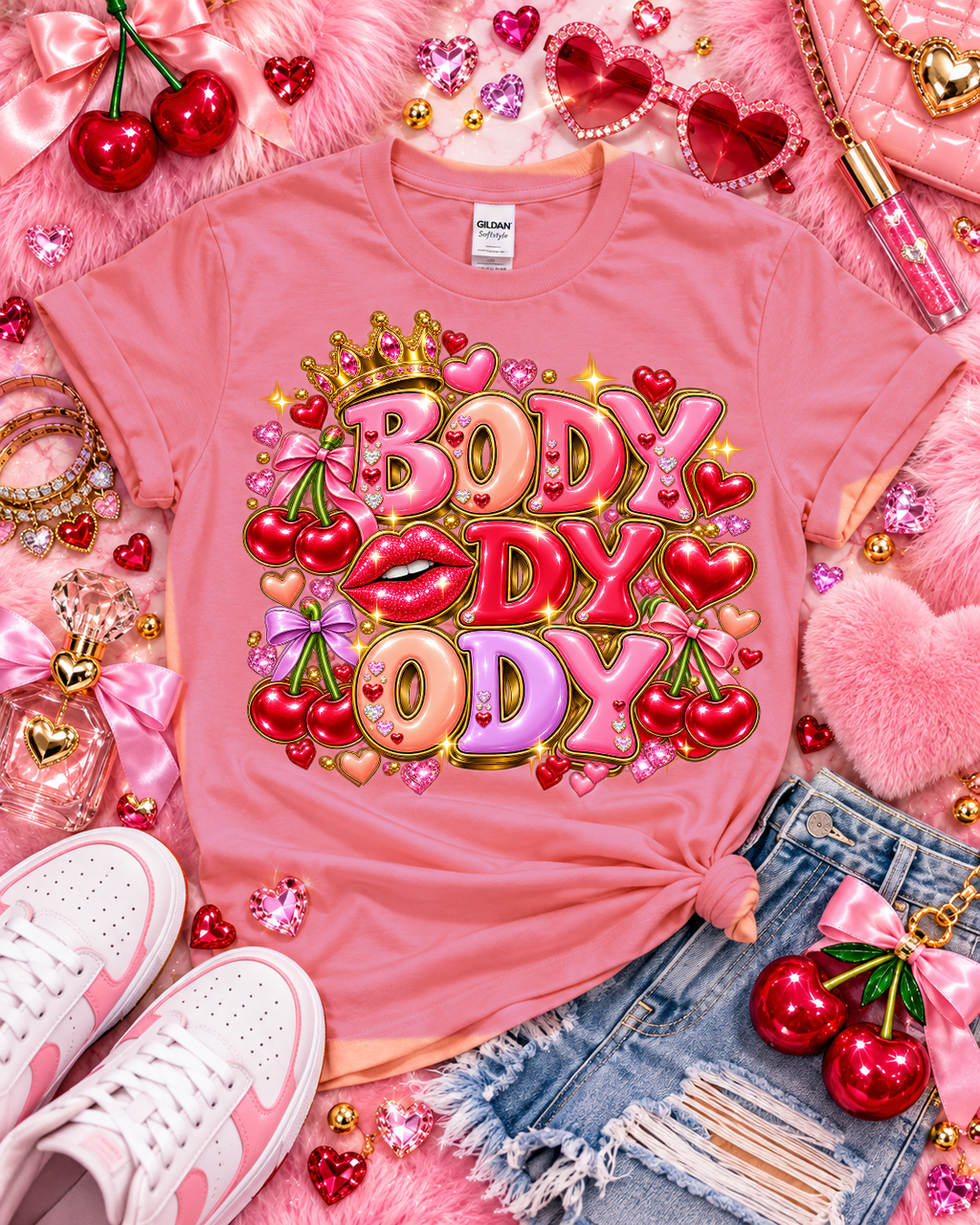 Body Ody Ody — Gildan Softstyle 64000 Coral Silk styled flat lay — approved rosy coral shade