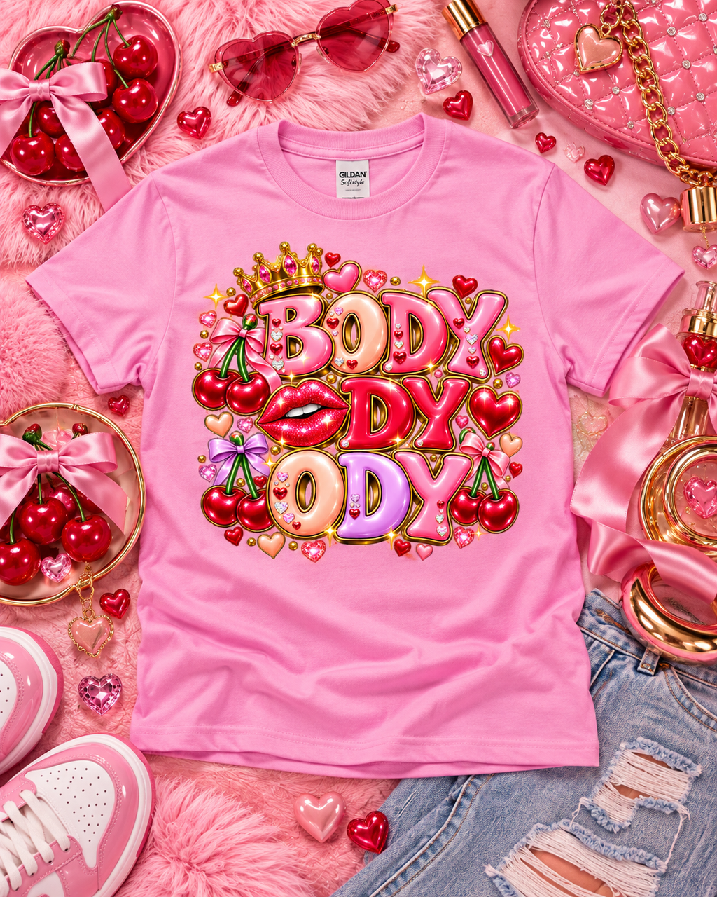 Body Ody Ody — Gildan Softstyle 64000 Light Pink styled flat lay