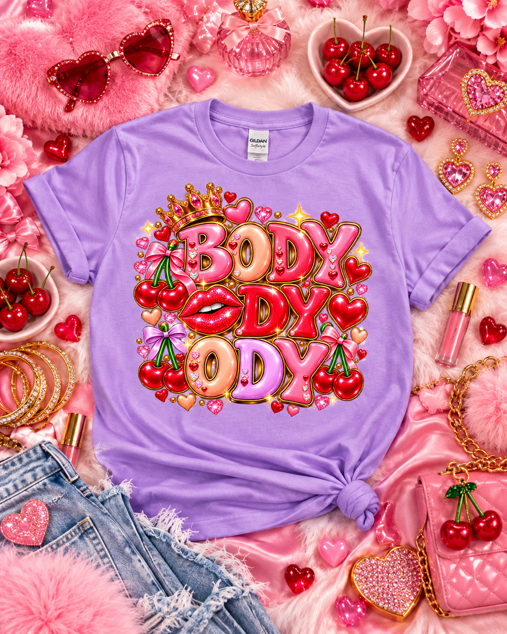 Body Ody Ody — Gildan Softstyle 64000 Orchid styled flat lay