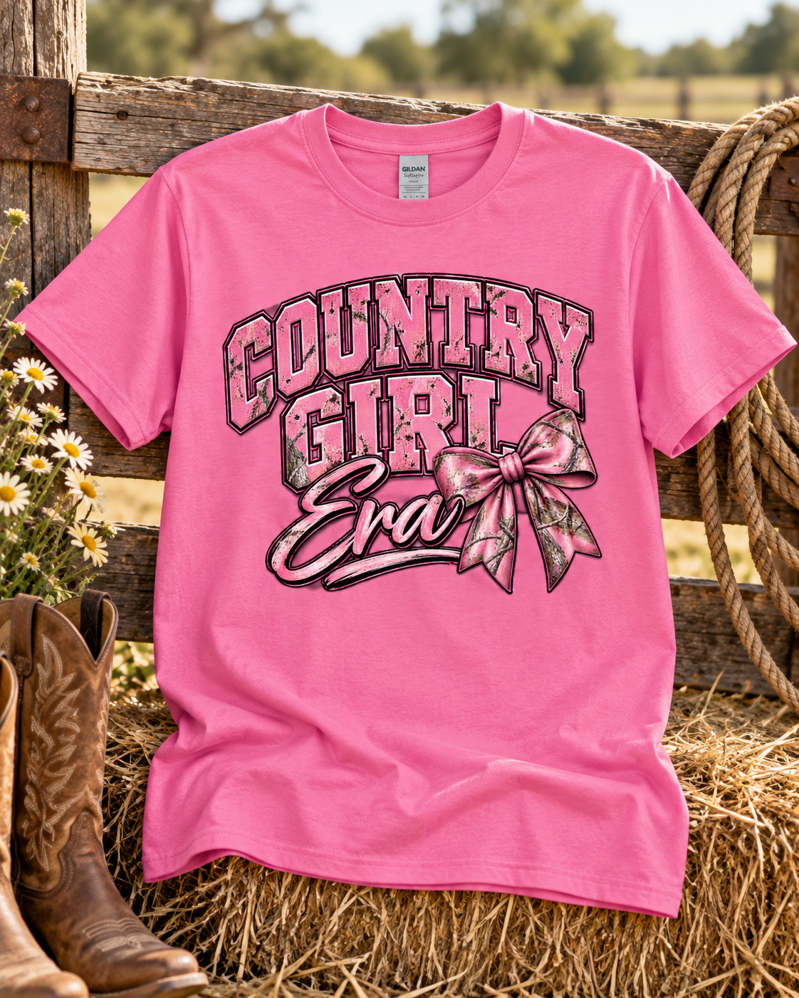 Country Girl Era — Gildan Softstyle 64000 — Pink — Front Flat