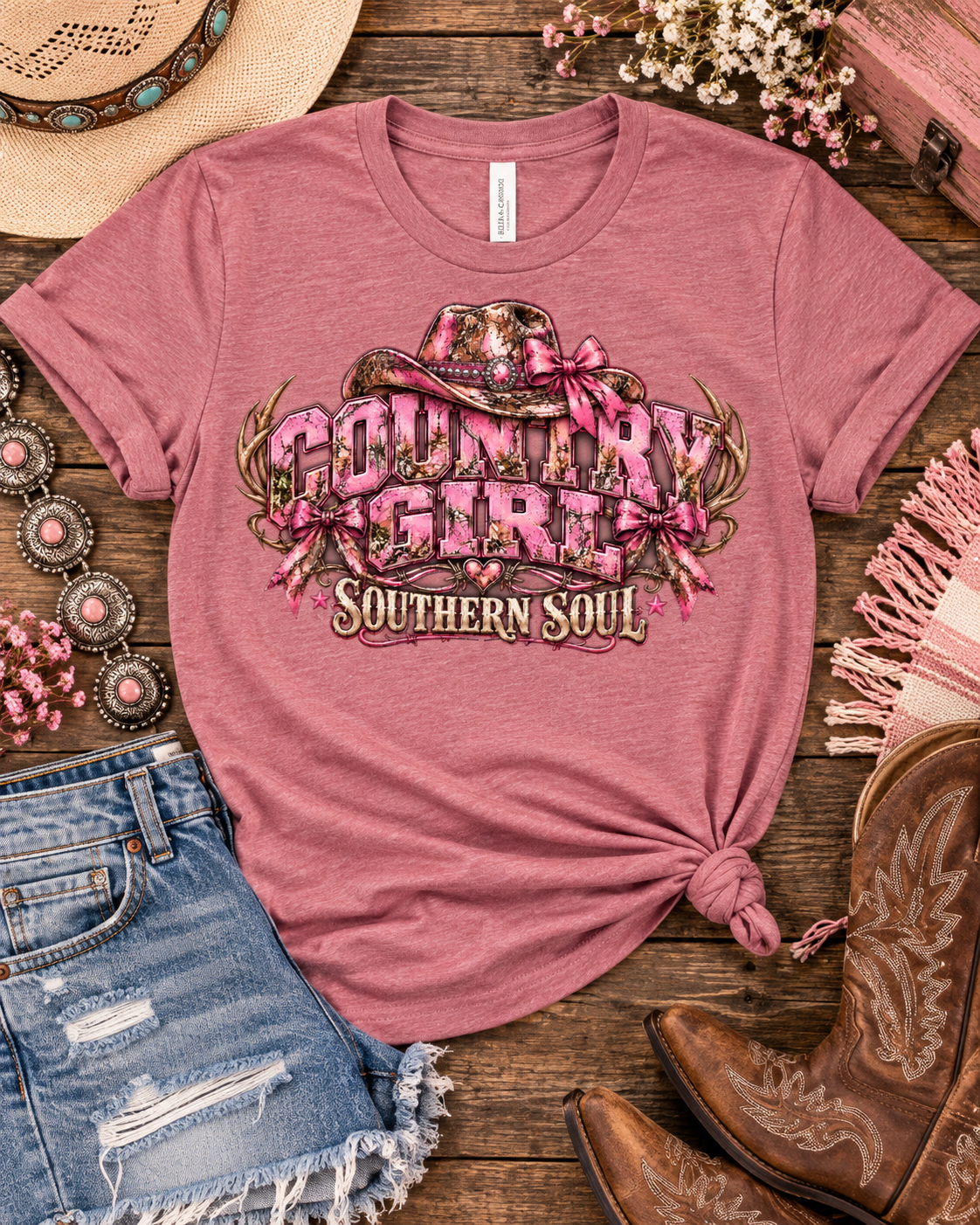 Country Girl Southern Soul — Bella+Canvas 3001C Heather Mauve — Flat front