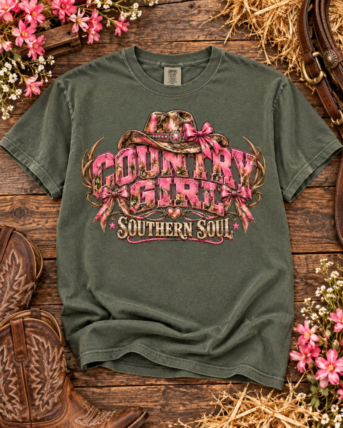 Country Girl • Southern Soul — Comfort Colors 1717 Moss — Front flat
