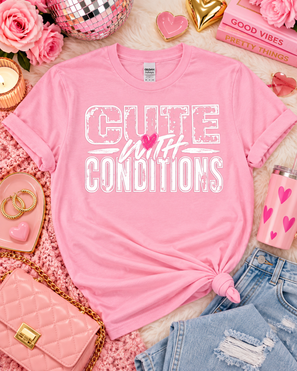 Cute with Conditions — Gildan Softstyle 64000 — Light Pink — Flat front