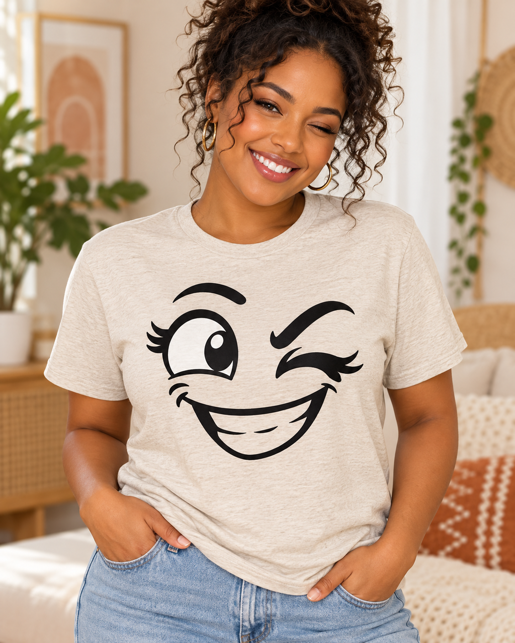 Cheeky Wink & Grin oversized expression — Gildan Softstyle 64000 Natural — front lifestyle photo