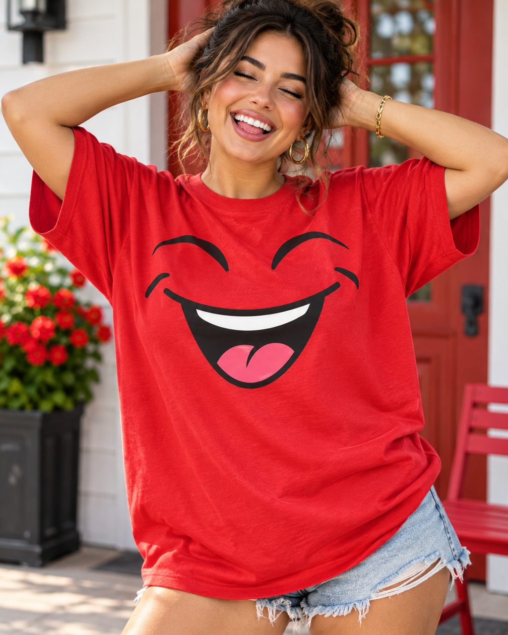 Happy oversized emoji face — Gildan Softstyle 64000 Red — front lifestyle photo