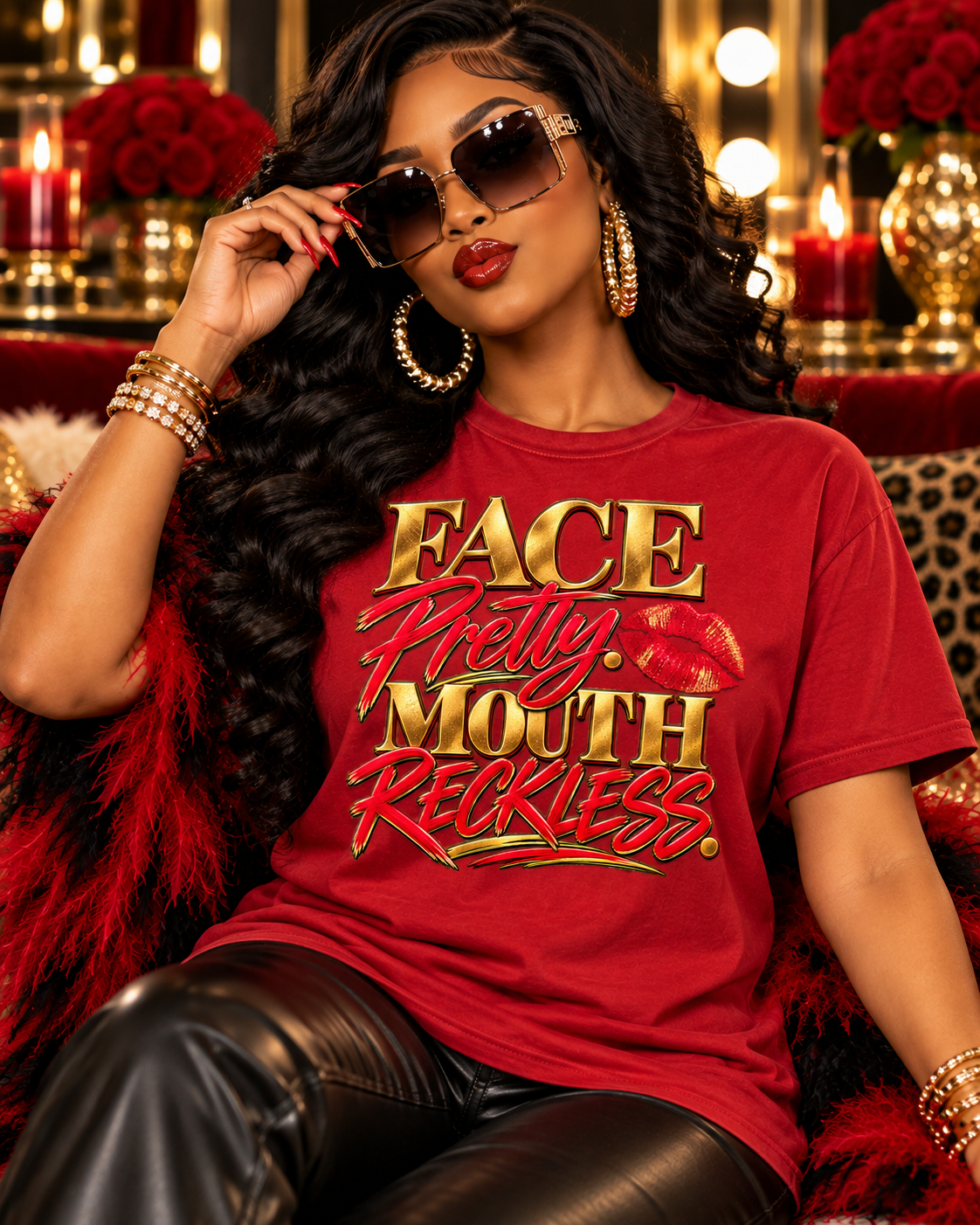 Face Pretty • Mouth Reckless — Bella+Canvas 3001C Red — front lifestyle