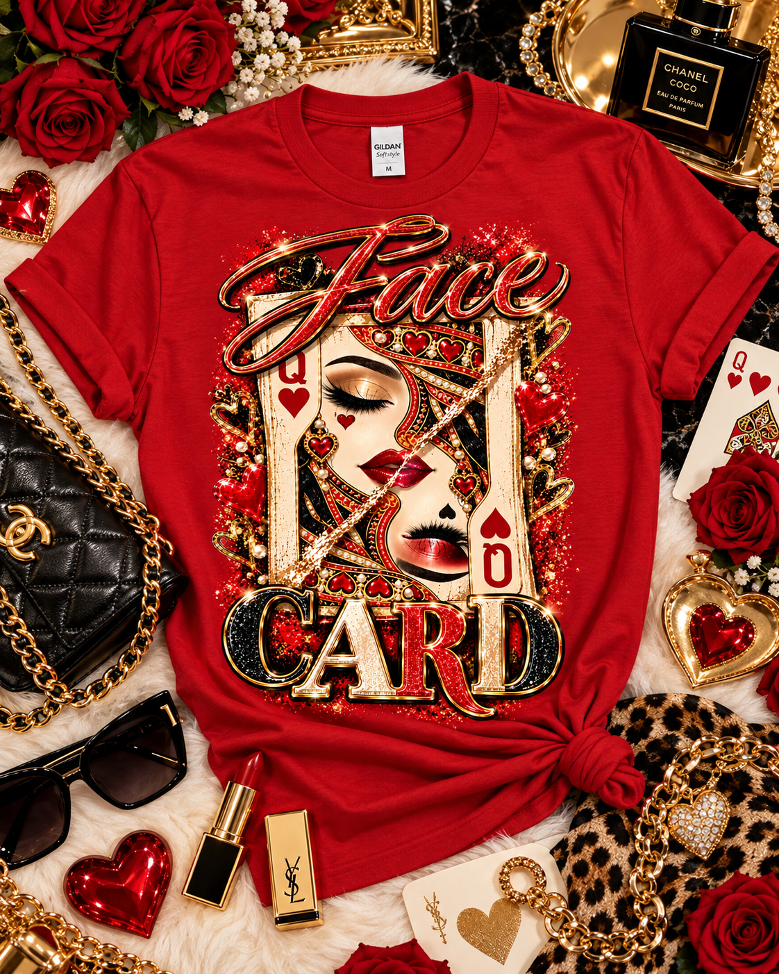 Face Card — Gildan Softstyle 64000 Red styled flat lay