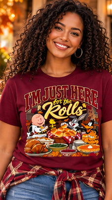 I'm Just Here for the Rolls — Gildan Softstyle 64000 — Maroon — Front Lifestyle