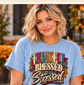 Thankful Blessed & a Little Stressed — Comfort Colors 1717 — Chambray — Front Lifestyle
