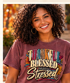Thankful Blessed & a Little Stressed — Comfort Colors 1717 — Pepper — Front Lifestyle