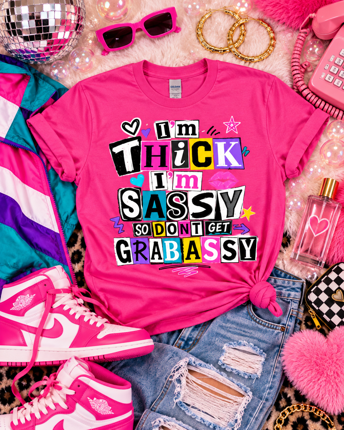 Thick, Sassy & Hands Off — Gildan Softstyle 64000 — Heliconia — Styled Flat Lay
