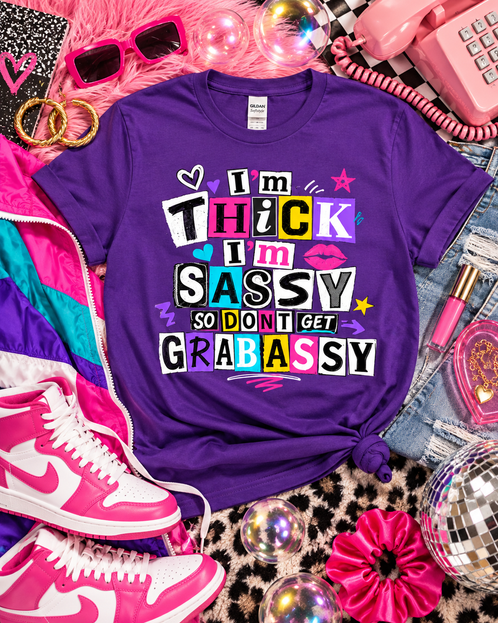 Thick, Sassy & Hands Off — Gildan Softstyle 64000 — Purple — Styled Flat Lay