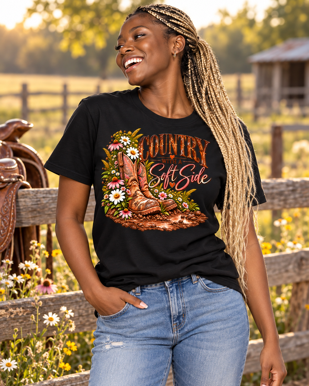 Country Girl With a Soft Side — Gildan Softstyle 64000 — Black — Front Lifestyle