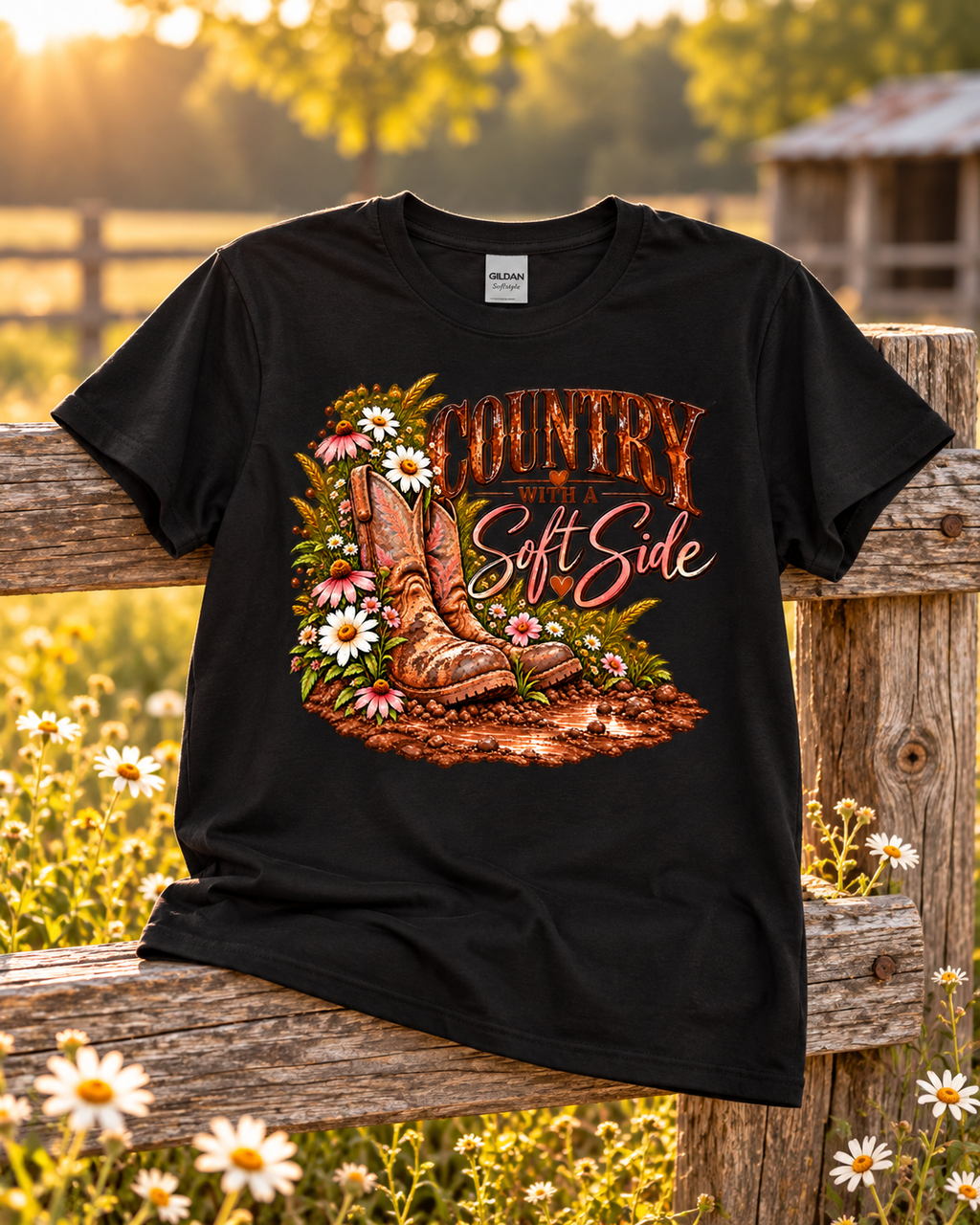 Country Girl With a Soft Side — Gildan Softstyle 64000 — Black — Front Flat