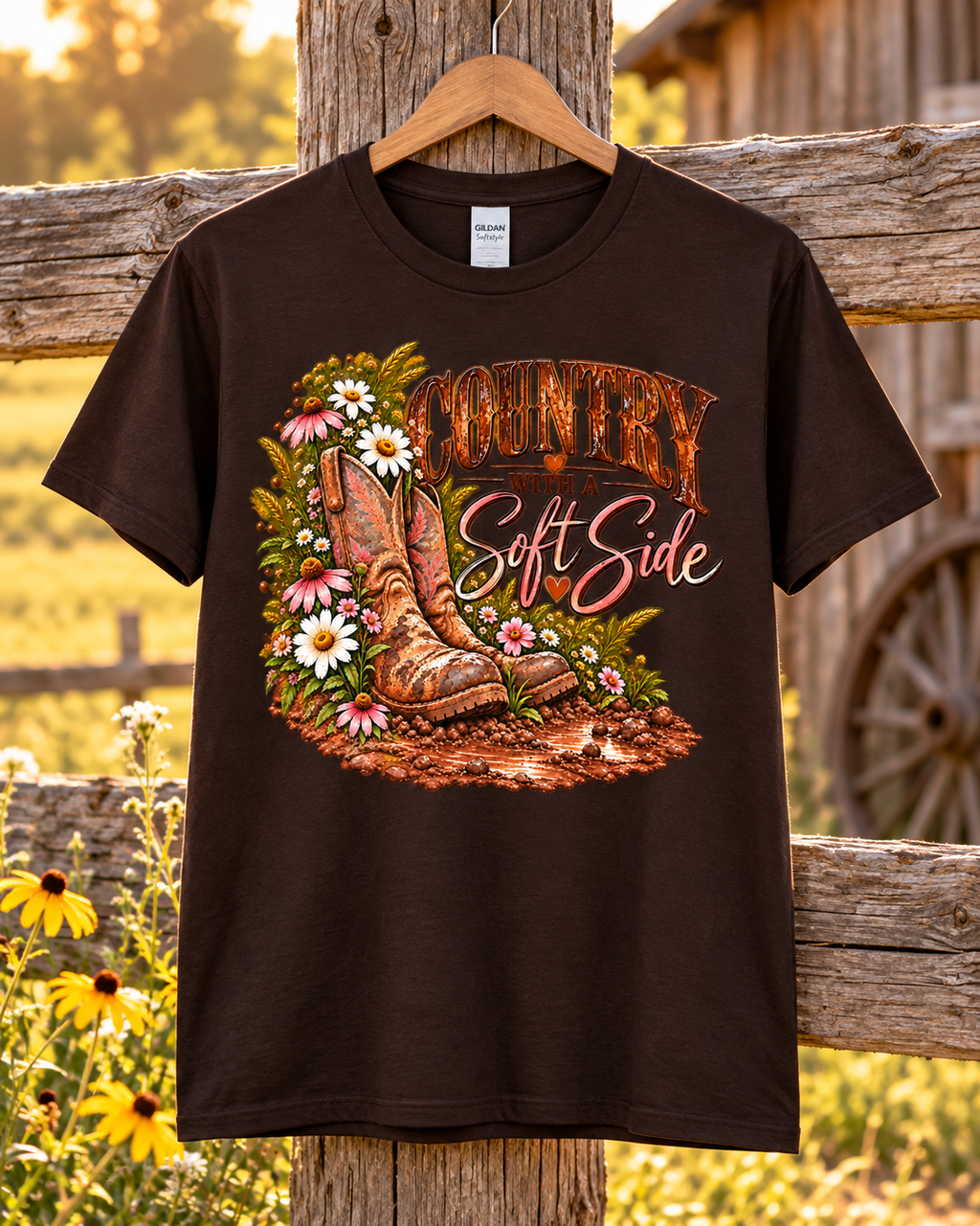Country Girl With a Soft Side — Gildan Softstyle 64000 — Dark Chocolate — Front Flat