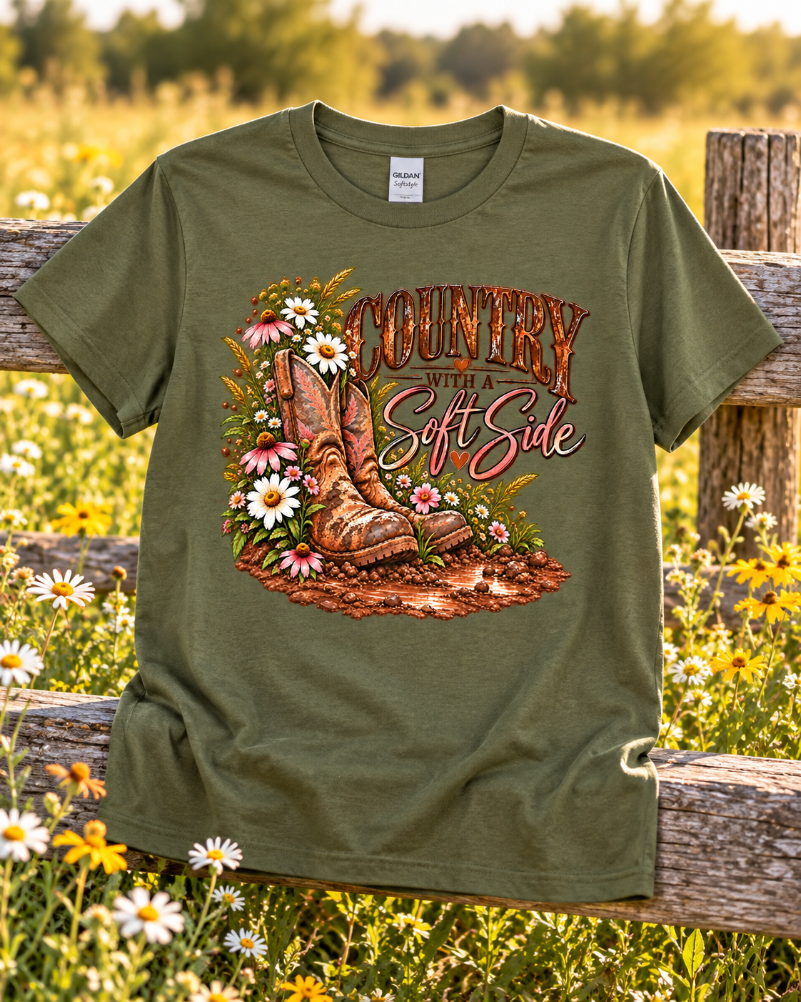 Country Girl With a Soft Side — Gildan Softstyle 64000 — Military Green — Front Flat