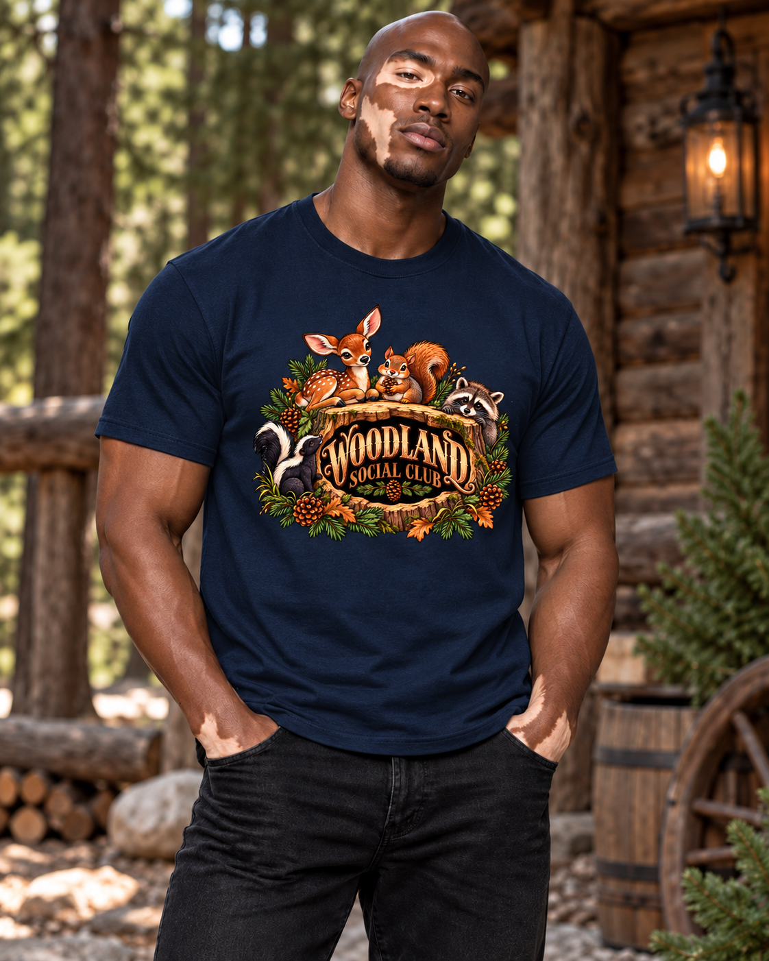 Woodland Social Club — Gildan Softstyle 64000 — Navy — updated front lifestyle