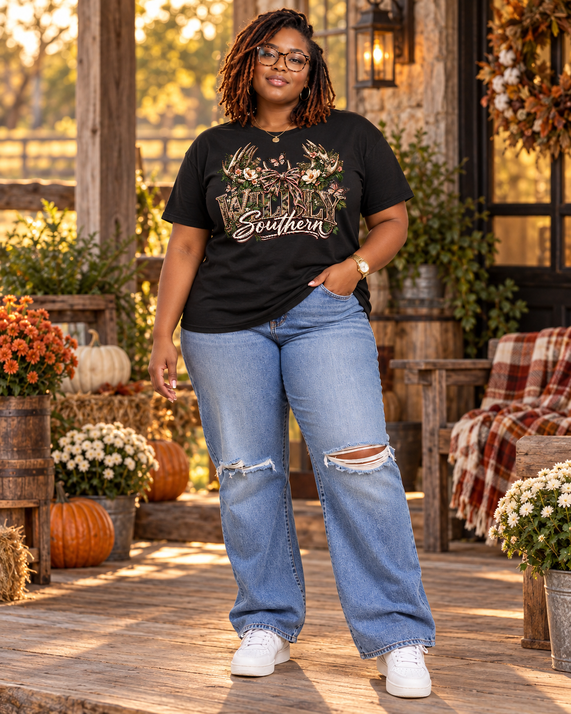 Wildly Southern graphic tee — Gildan Softstyle 64000 Black front lifestyle