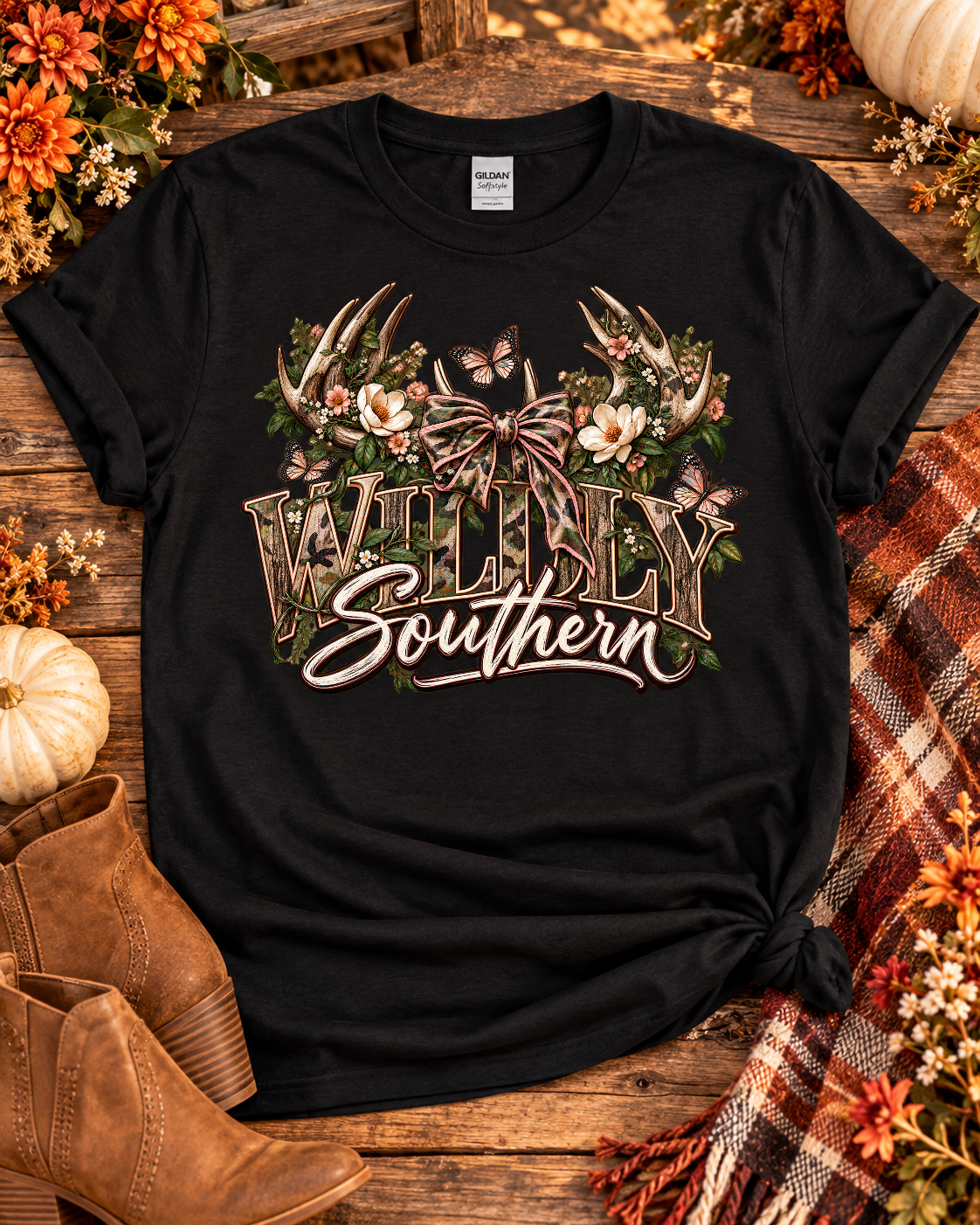 Wildly Southern graphic tee — Gildan Softstyle 64000 Black natural flat front