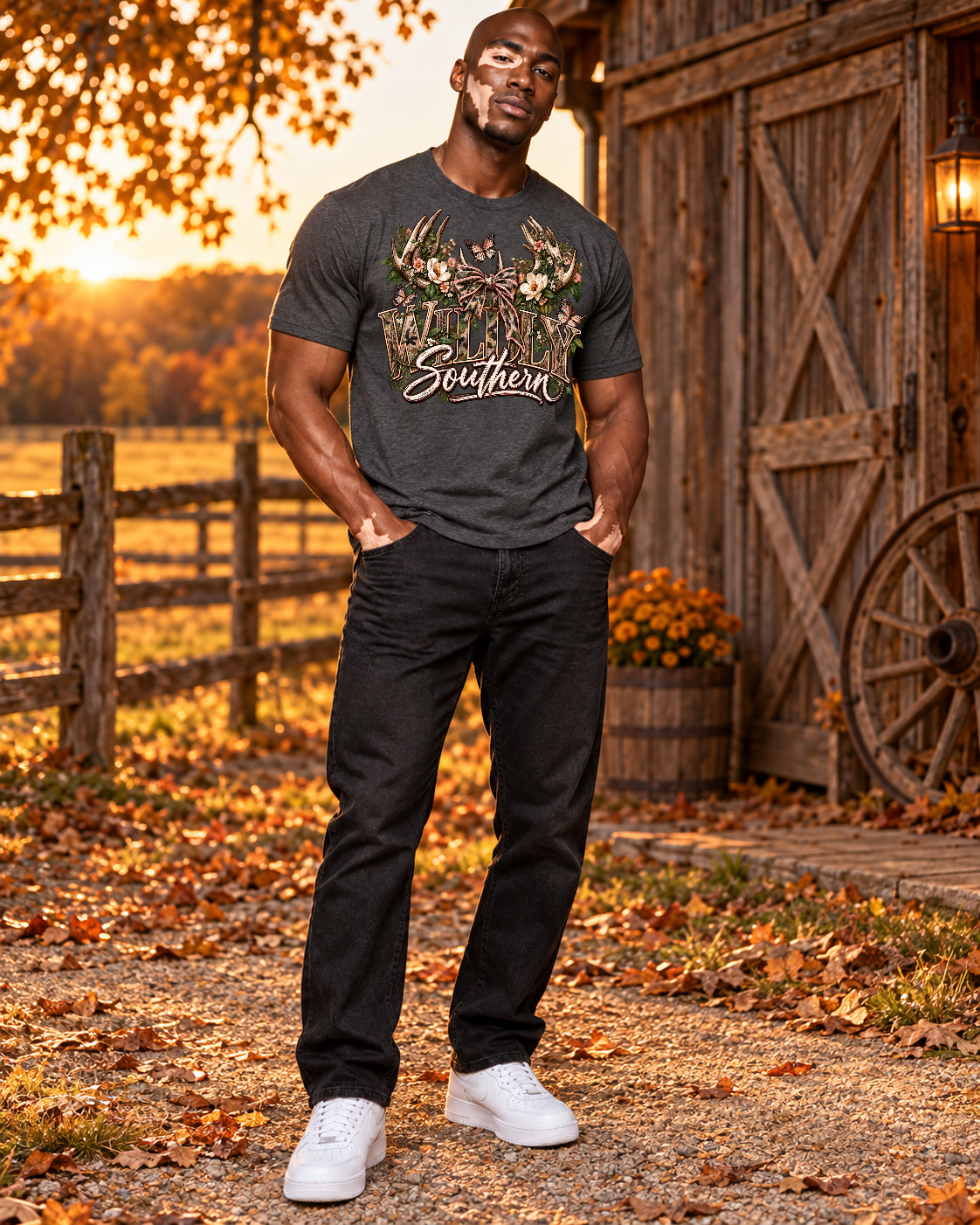 Wildly Southern graphic tee — Gildan Softstyle 64000 Dark Heather front lifestyle