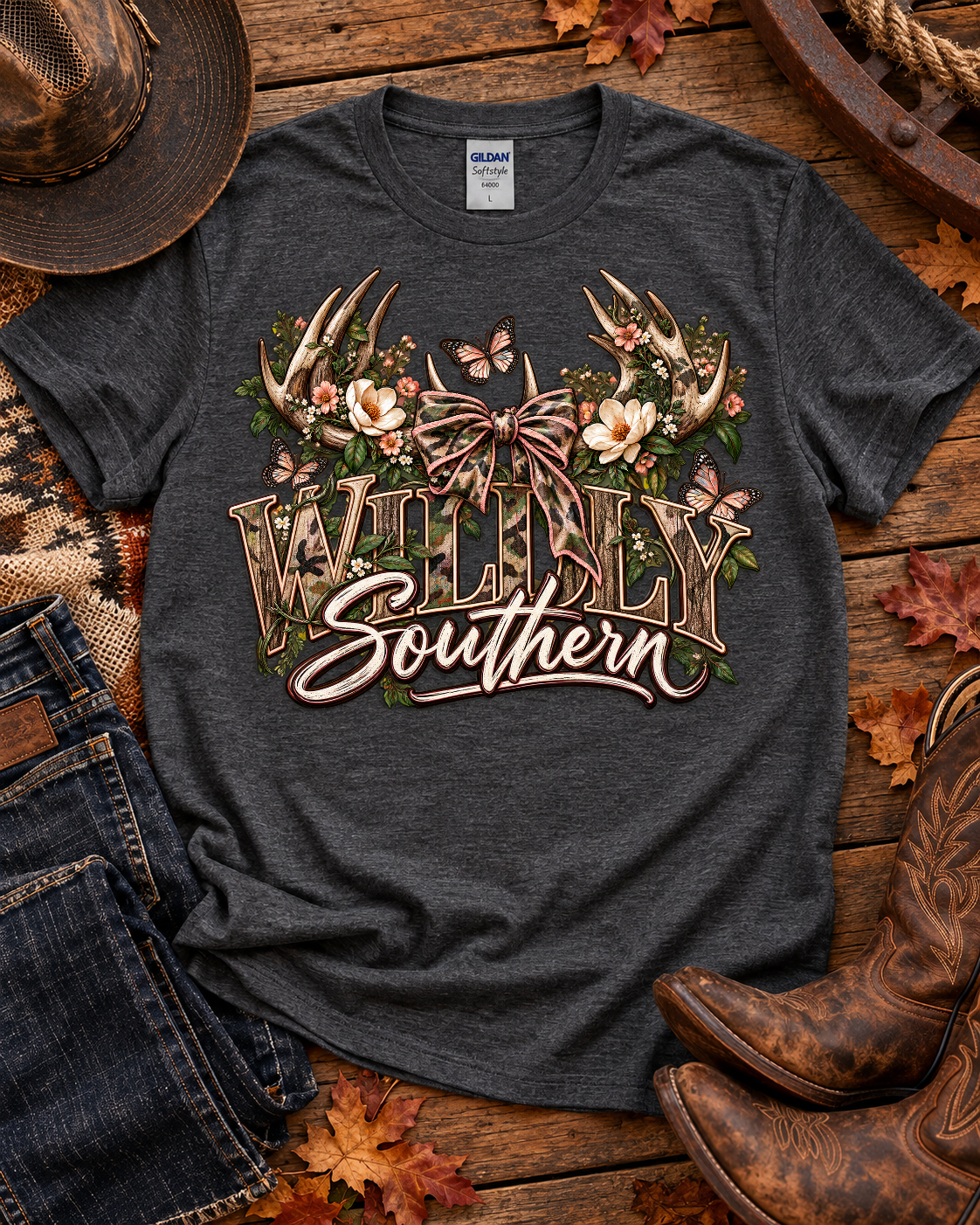 Wildly Southern graphic tee — Gildan Softstyle 64000 Dark Heather natural flat front