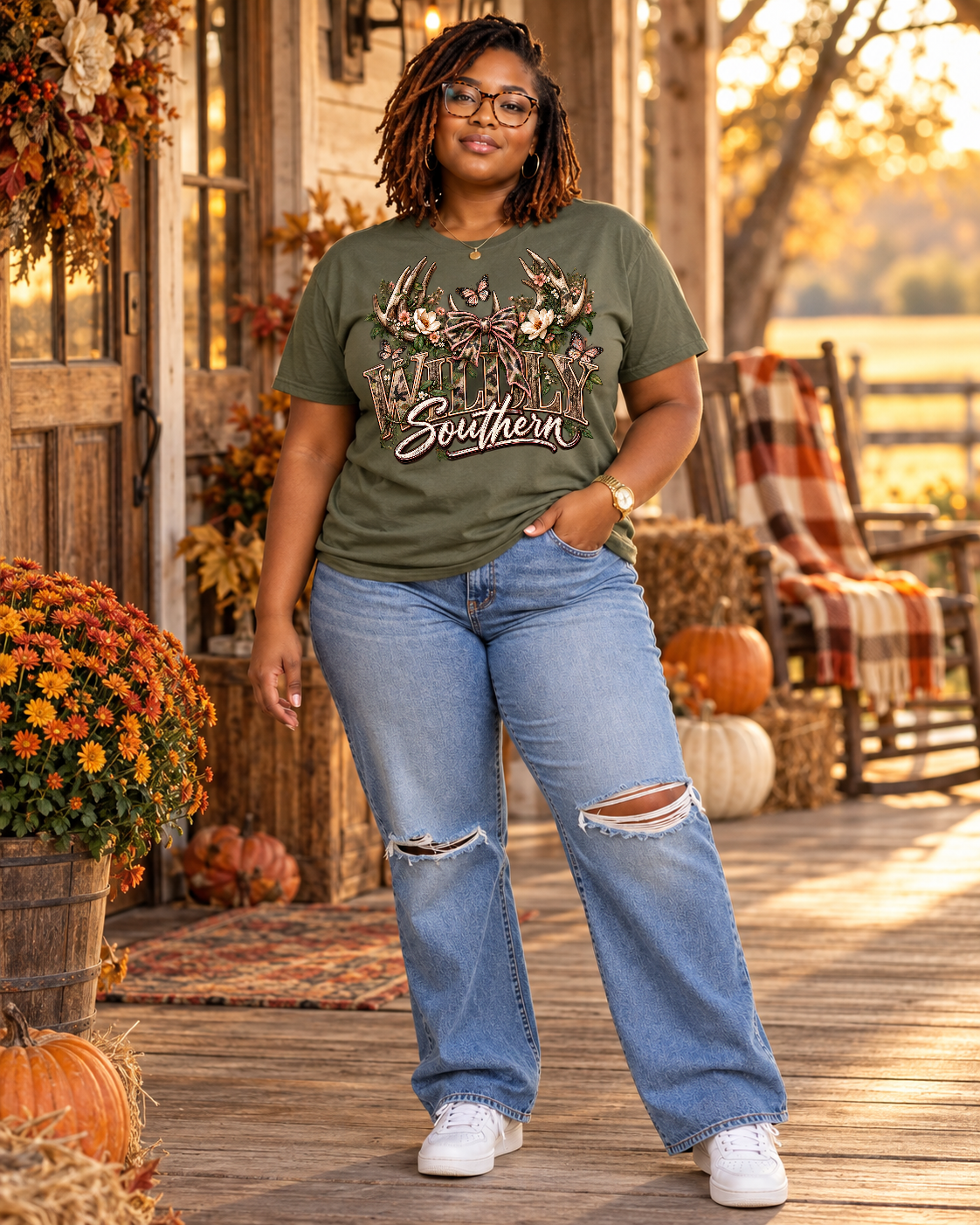 Wildly Southern graphic tee — Gildan Softstyle 64000 Military Green front lifestyle