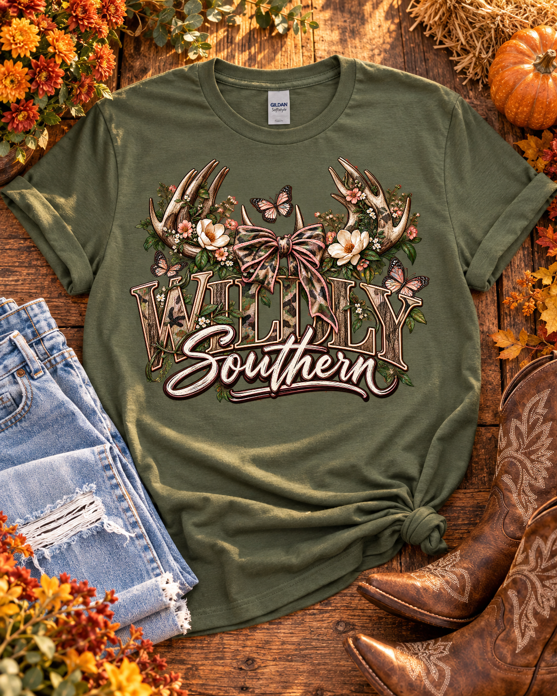 Wildly Southern graphic tee — Gildan Softstyle 64000 Military Green natural flat front